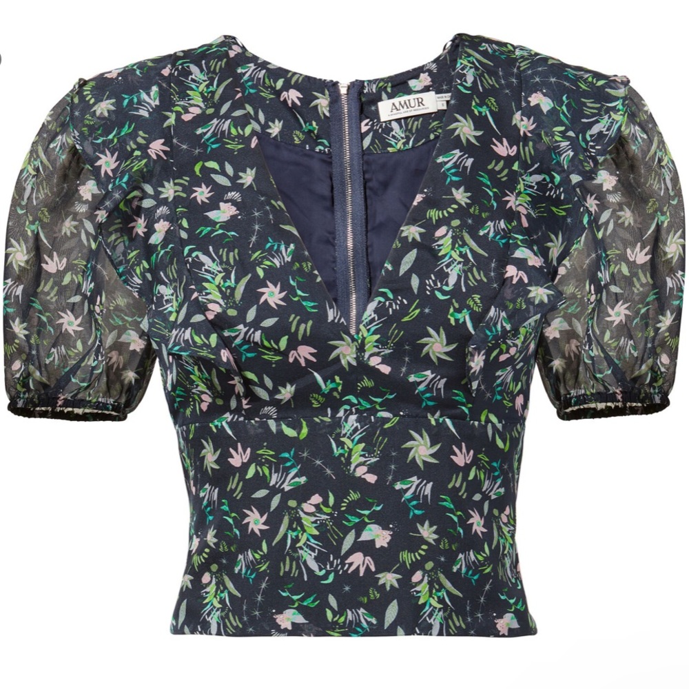 NWOT Amur Blue Silk Floral Top size S